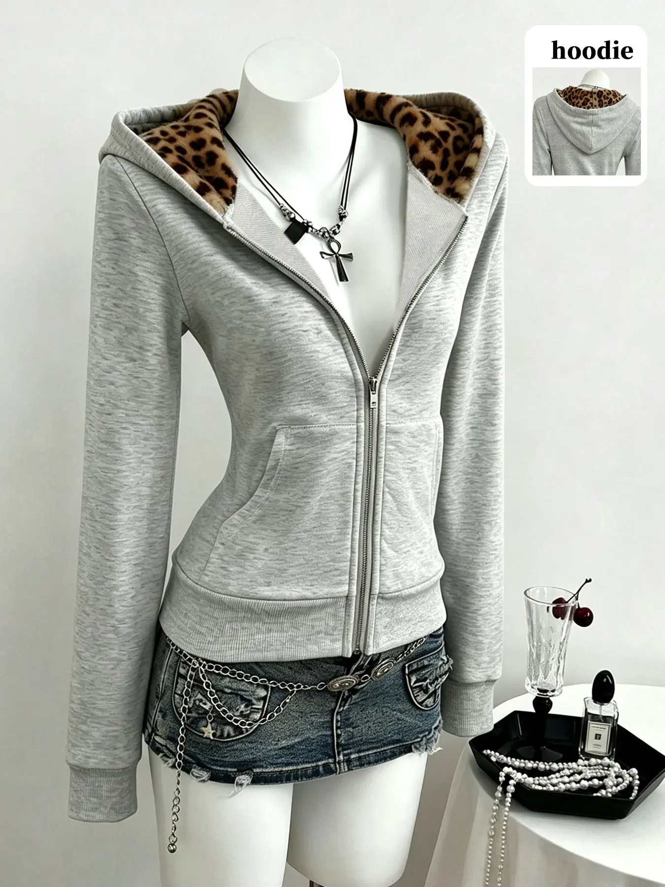 Women's Gray Zip Up Hoodie, Slim Waist Long Sleeve Jacket With Leopard Print Lining And Pockets, Y2K Street Style, Ideal For Daily And Hip Hop Outfits