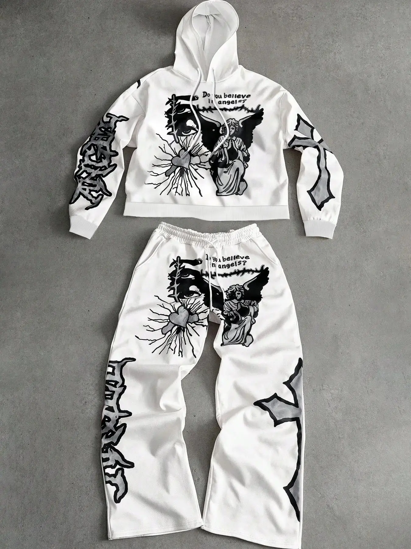 Men's Gothic Streetwear Set, Y2K Style Loose-Fit Hoodie and Pants, Angel Print Design, Fall & Winter Fashion, Two-Piece