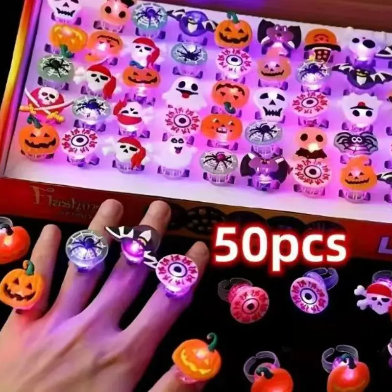 Glowing Halloween Rings 50 Pack, Flashy LED Party Gifts, Kids' Halloween Goodie Bag Fillers, Glow Toy Rings, Mini Horror Gifts