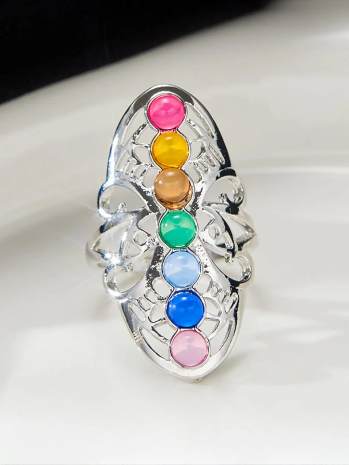 A Bohemian-Style Openwork Ring With Seven Colorful Beads—A Unique, Vacation-Inspired Design For Women, Perfect For Everyday Wear And Commuting, With An Adjustable Fit