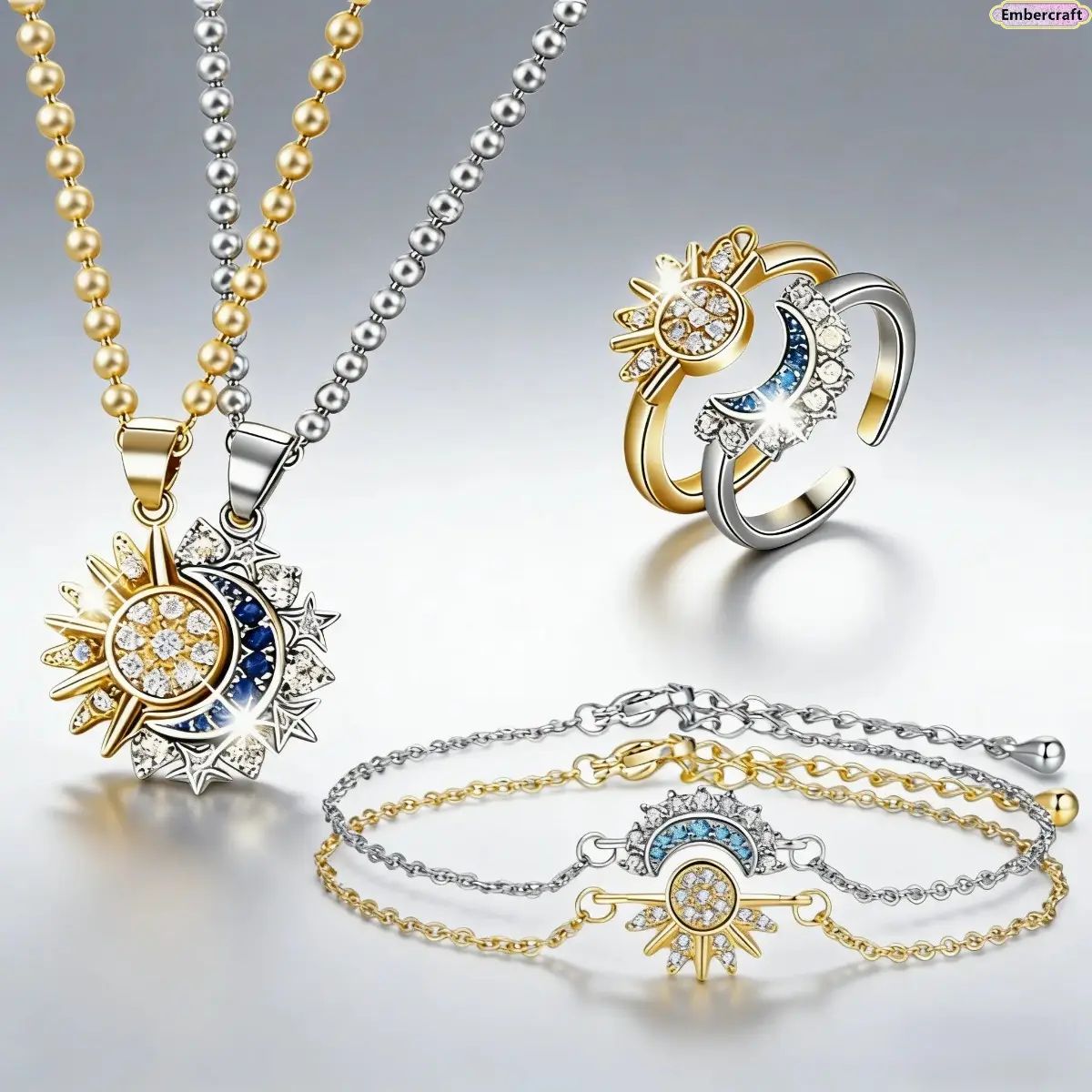 Viral Sun and Moon Jewelry Set for Women, Aesthetic Celestial Necklace Ring Bracelet Matching Set, Gold Silver Stackable Y2K Jewelry Set, Minimal Cute Friendship Couple Jewelry Gift Box for Daily Wear, Travel, Parties & Special Occasions