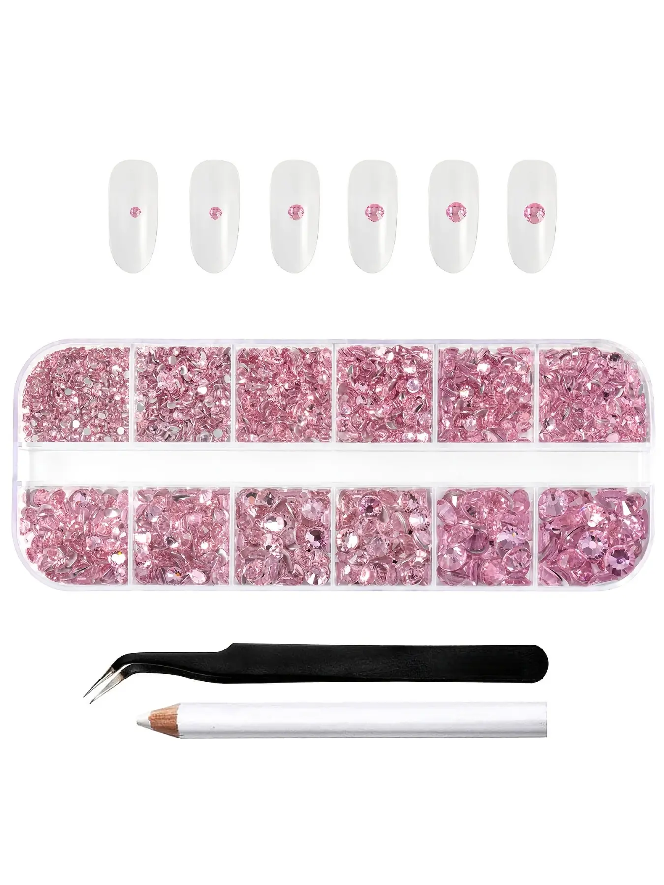 Rhinestones for Cosmetics, 2000pcs in 6 Sizes of Pink Flat-back Rhinestones for Manicure Nail Art Crafts with Tweezers and Crayons, Light Pink, SS6-SS20
