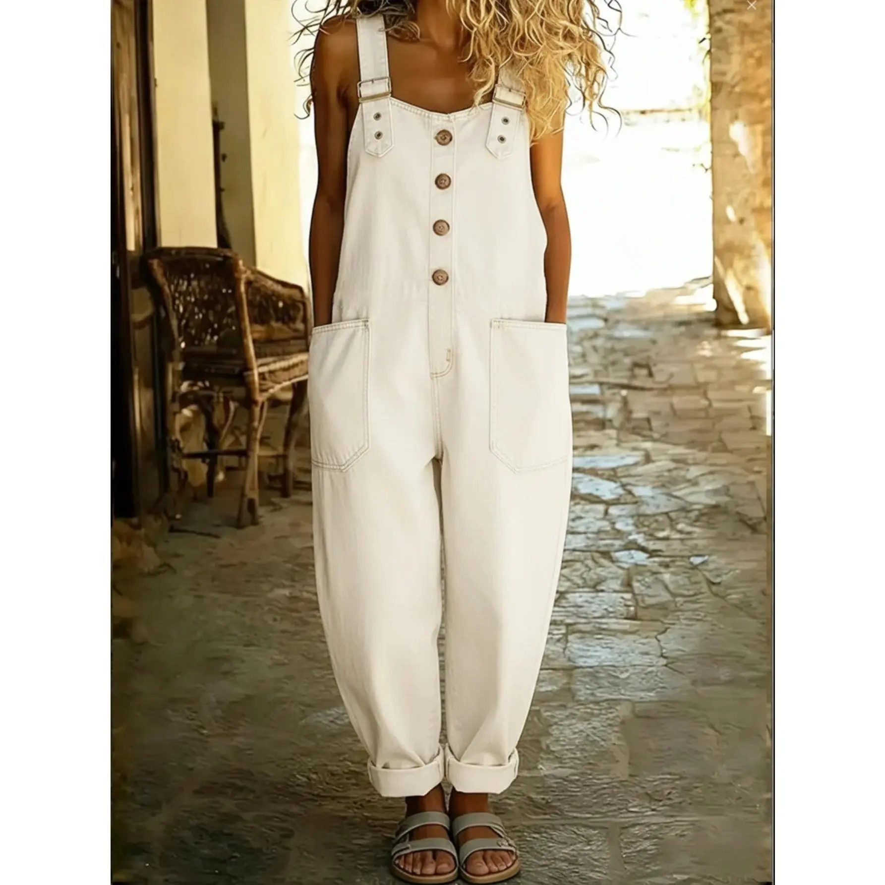 Women'S Retro Washed Water Buffalo Denim Work Pants, Casual And Loose-Fitting Wide-Leg One-Piece Work Overalls with Adjustable Shoulder Straps And Drawstring Denim Dress, Suitable for Weekend Camping And Outdoor Wear