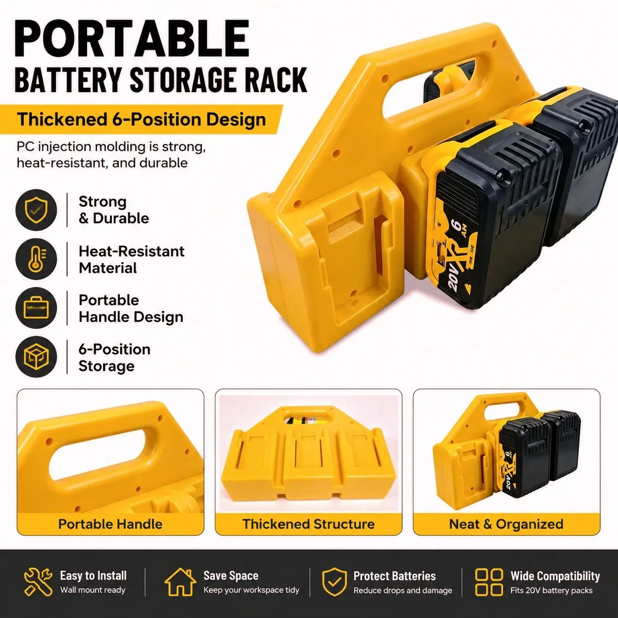 New Battery Organizer Rack for Dewalt 18v/20v Batteries, Durable Thick Design, Handle, Thickened Structure, Ideal for Workshop, Garage, Tool Box, Vehicle Accessories