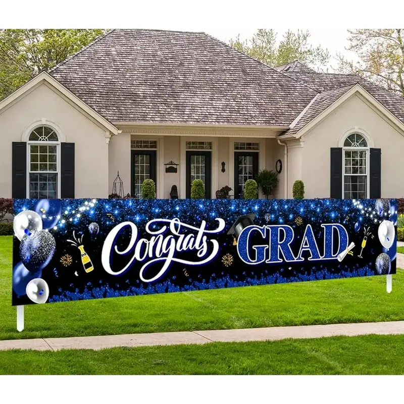 2026 Graduation Vinyl Bling Photo Backdrop Set - Congrats Grad Yard Sign, Banner Supplies for Class of 2026 Graduation Party