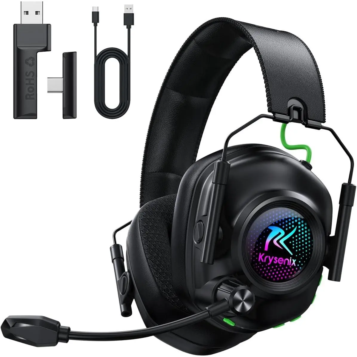2.4GHz / Bluetooth 5.4 Wireless Gaming Headset for PC PS5 PS4 Switch Mac, Noise Canceling Mic, RGB Lighting, 50Hr Battery, Foldable, 50mm Drivers - BlackGift