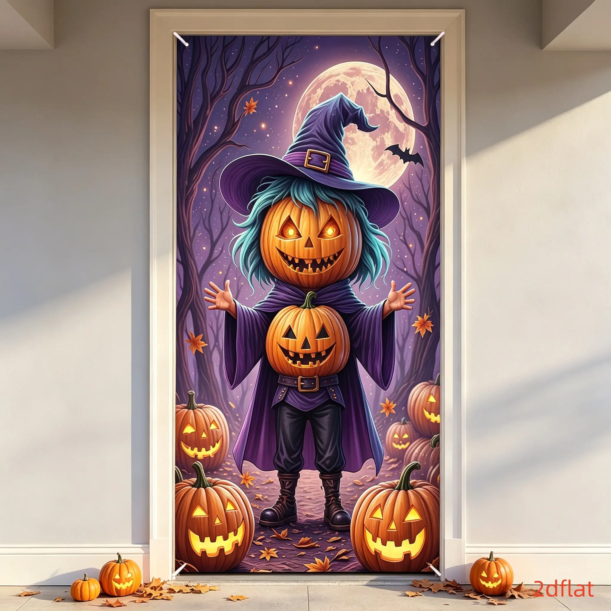 2D Flat Banner Halloween Decor, Hat Wizard Pumpkin Background, Indoor Outdoor Party Decoration, Theme Event Photo Backdrop