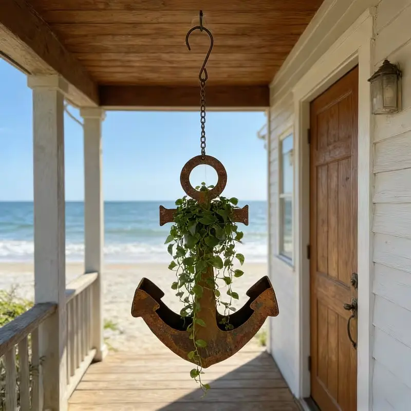 Vintage Rustic Iron Ship Anchor Hanging Planter, Outdoor Garden Decor, Wall Mounted Flower Pot, Nautical Theme Ornament, Balcony Succulent Container, Metal Hanging Planter, Hanging Flower Pots