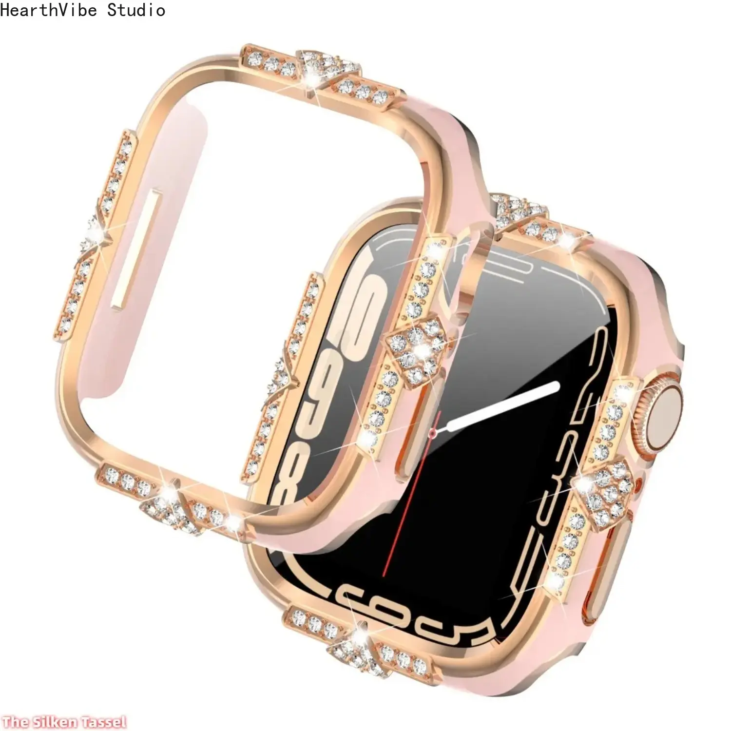 Laser Engraved Rhinestone Case with Glass Screen Protector Compatible with Apple Watch Two Tone Shiny Protective Cover Accessory