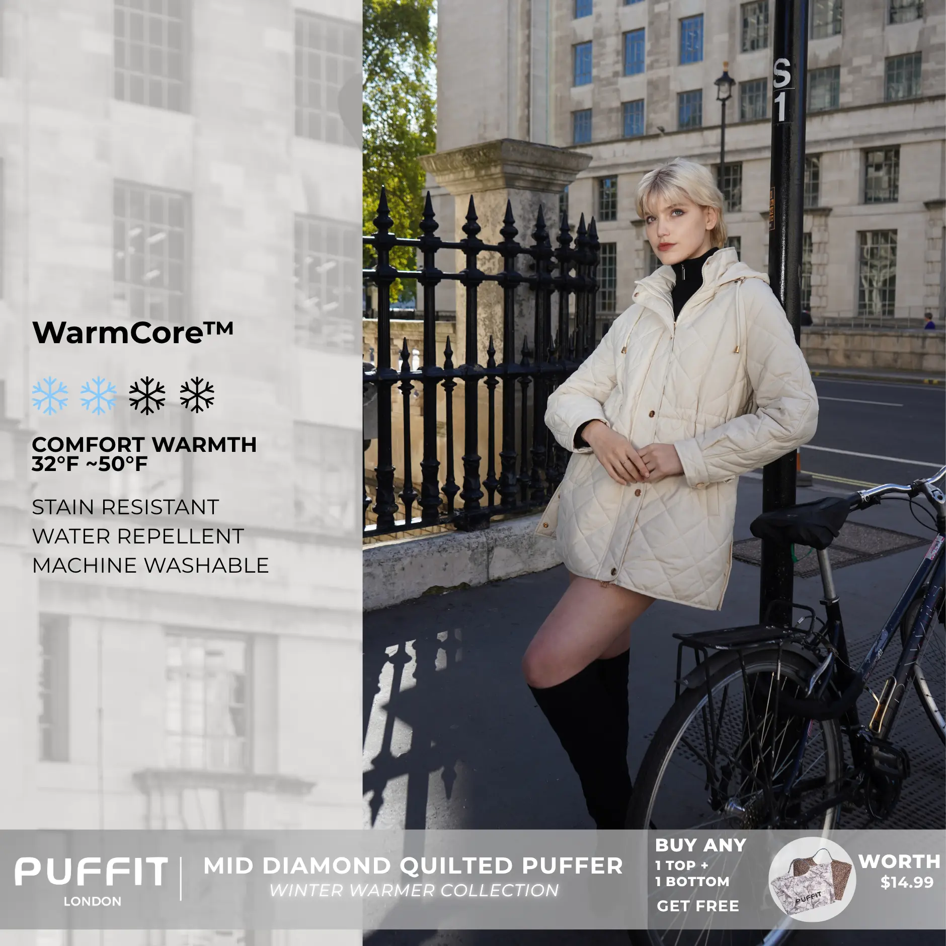 PUFFIT WarmCore Premium Mid-length Diamond Quilted Drawstring-waist PUFFER Style,Classic Diamond Pattern,Waist-cinching Lightweight Cotton Jacket,High-density Integrated Quilting Lightweight, Comfortable For Commuting, Stylish For Going Out SpringStatemen