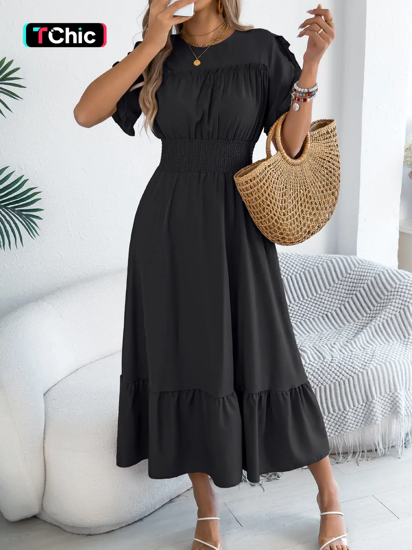 Spring Summer Casual Feminine Round Neck Ruffled Short Sleeve Waist Cinched Fitted Long Dress for Women, Casual Dress Style, Stylish Aesthetic Shirred Design, Perfect for Daily Wear, Womenswear