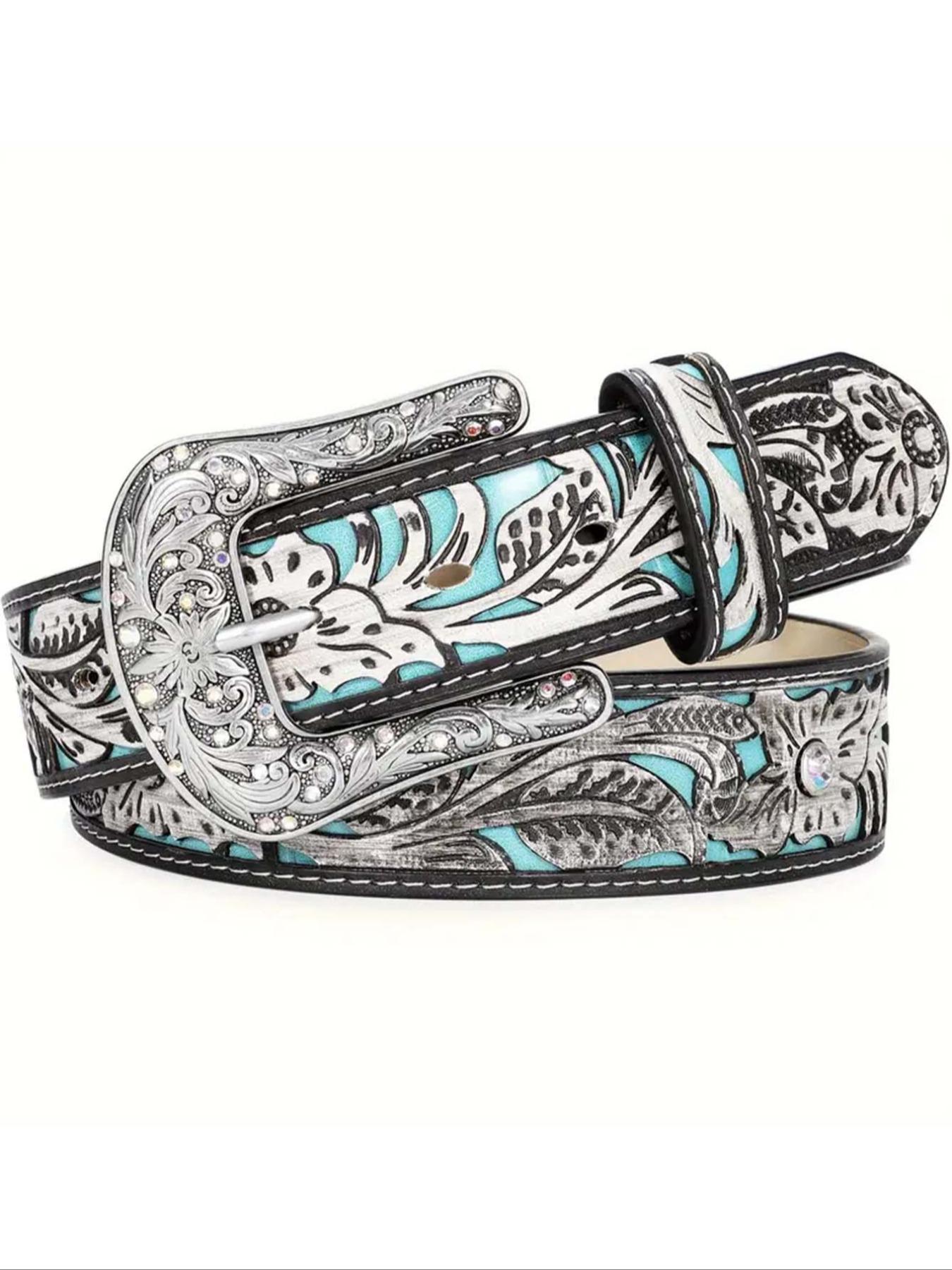Boho Style Leaf Embossed Vintage Western Cowboy Cowgirl Belt, 2024 New Style Fashionable Adjustable Pu Buckle Belt for Women, Casual Brown Cowgirl Waistband for Jeans Trousers Western Belts