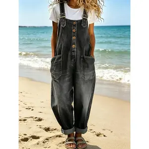 Women's Casual Loose Fit Denim Overalls, Cropped Harem Jean Jumpsuits Daily Wear Pocket Denim Pants for All Seasons