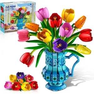 CUBIMANA Flowers Botanicals Tulip Building Set with Vase, 768PCS Artificial Bonsai Plant Blocks Toy, Home Office Desk Indoor Decor Craft Kit, Valentine Birthday Gift for Adults Women Her Mom Girls 12+