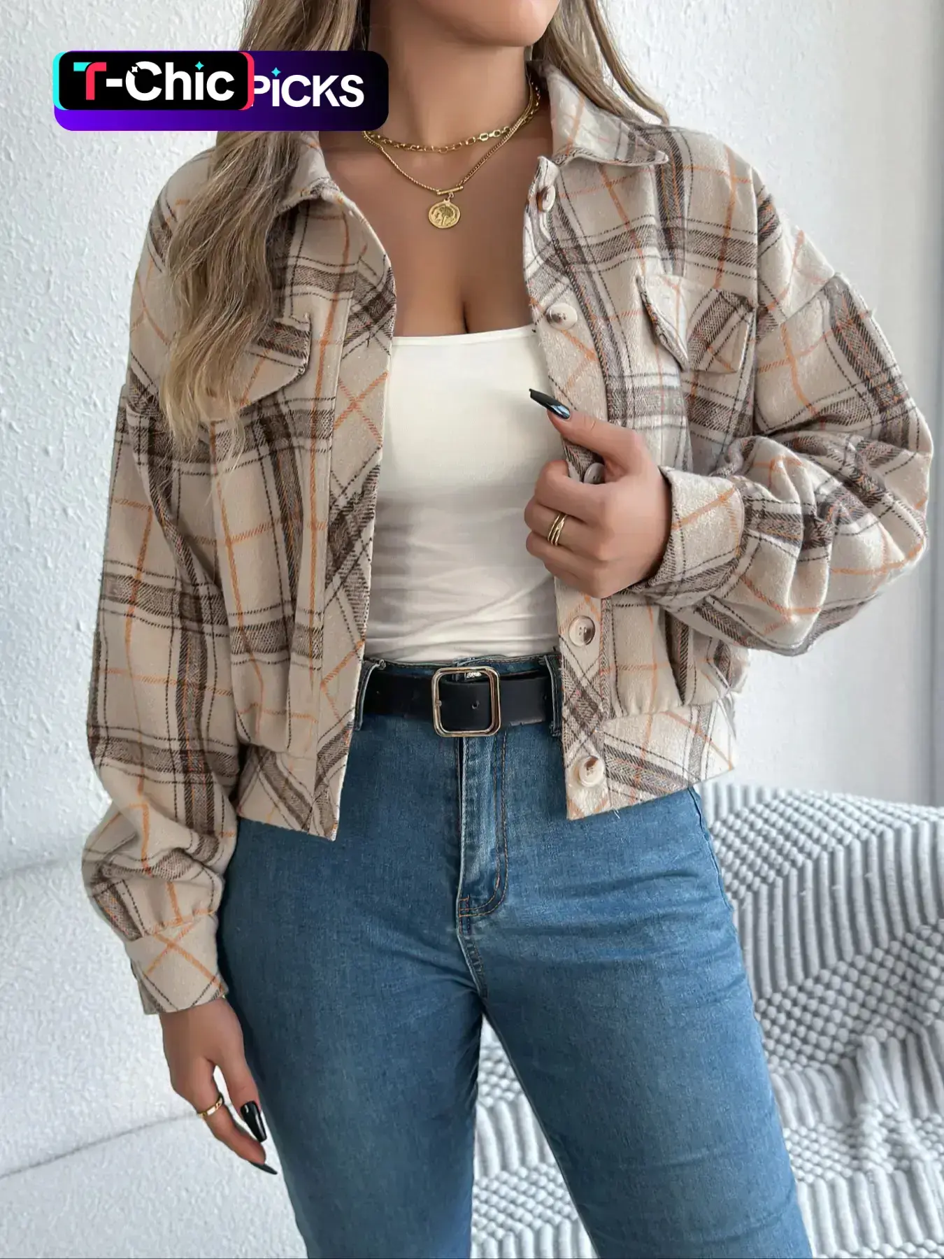 Women's Plaid Print Button Front Drop Shoulder Fashion Fit Jacket, Casual Long Sleeve Collared Autumn Outerwear for Fall & Winter, Ladies Clothes for Daily Wear, Casual Fashionable Jacket