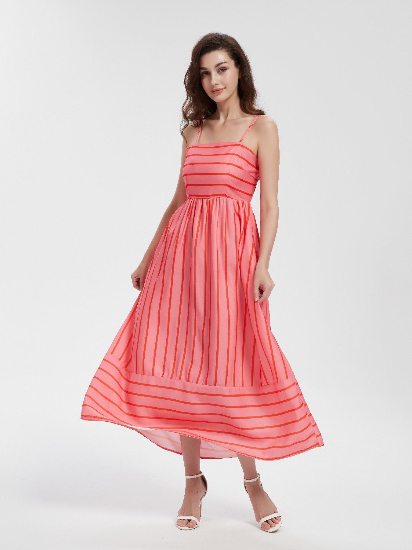 Women's Striped Print Cami Spaghetti Strap Sleeveless Dress, Fashion Casual Long Dress for Daily Outdoor Wear, Ladies Dress for Summer