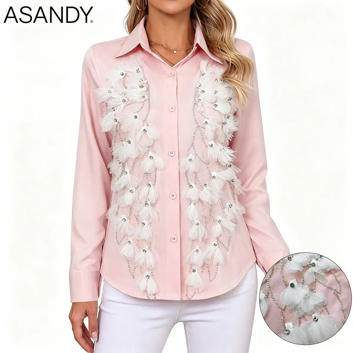 ASANDY Women's Long-Sleeves Blush Pink Satin Blouse - Lady Casual Top with 3D Tulle Details, Feather Accents, Rhinestone Chain Embellishments, Textured Collar, Polyester, All Season, Soft, Machine-Washable