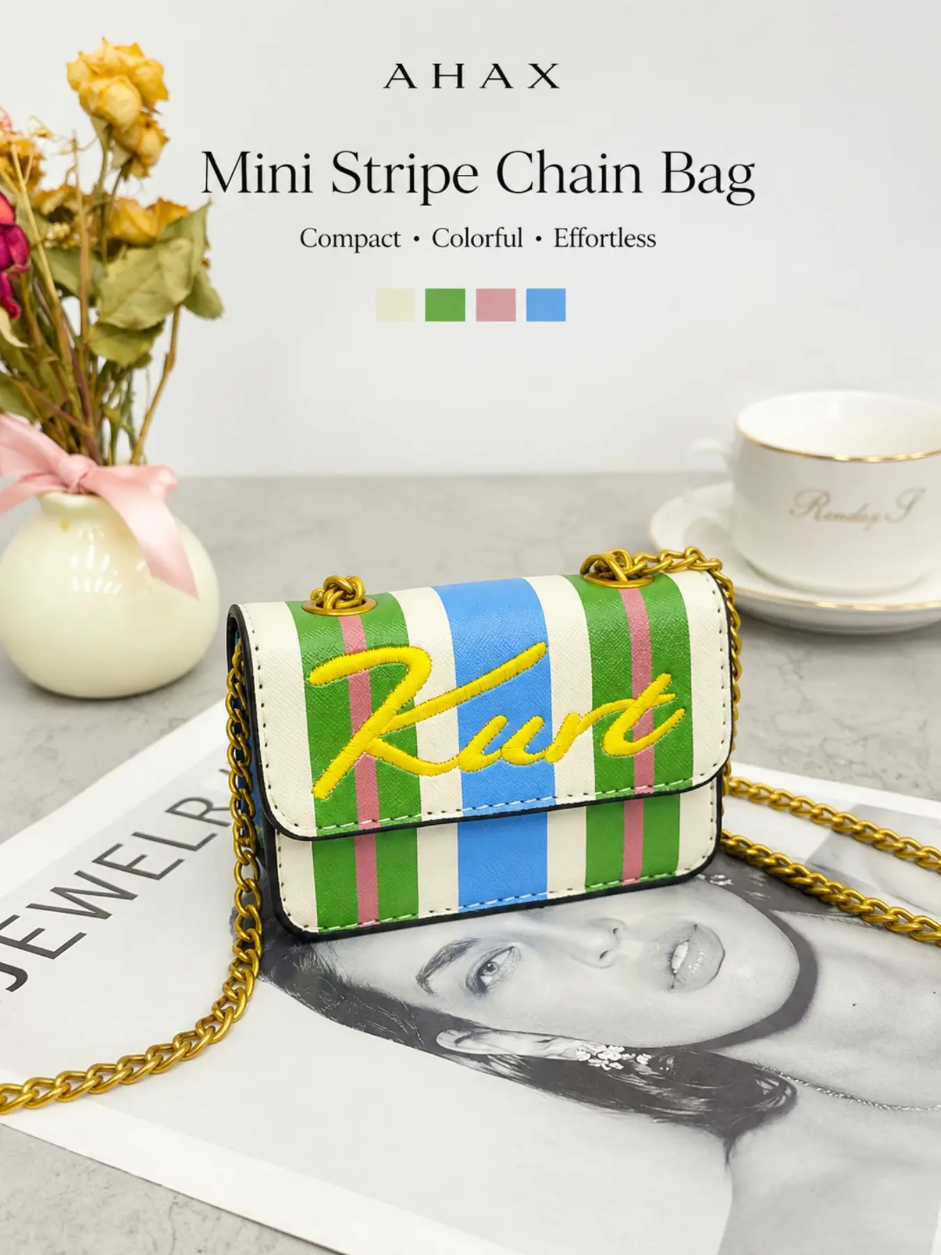 Ahax Striped Embroidered Mini Chain Bag, Vintage Colorblock Crossbody Small Square Bag, Lightweight Shoulder Bag for Dates and Travel