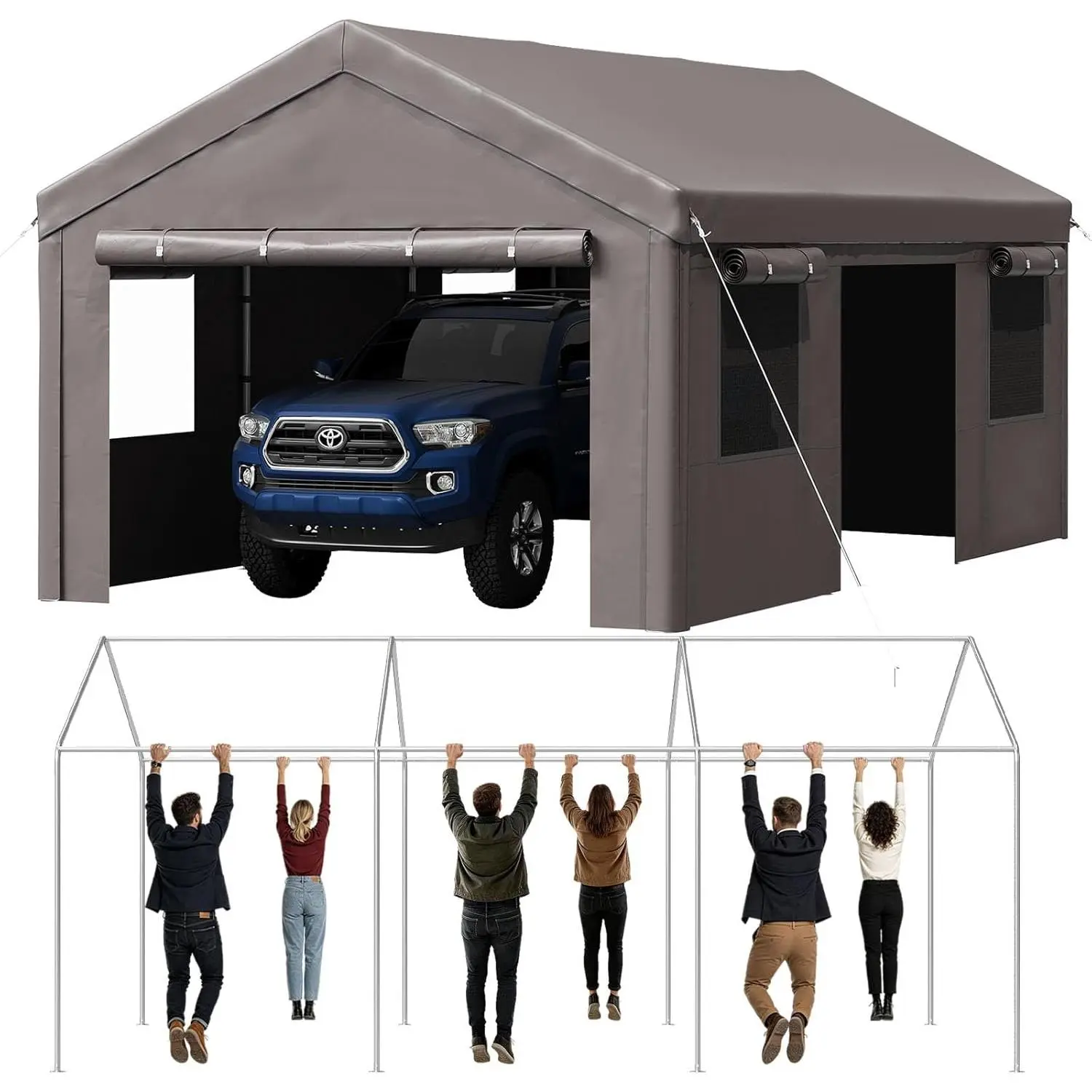 Aoxun Sturdy 12x20ft Heavy-Duty Car Canopy Carport, Portable Garage with Sidewalls & Side Roll-Up Door, Waterproof Sun Protection Exterior-Grade Easy Setup All-Weather Shelter, Gray, Protect Your Vehicle, 30-Day Happy Home Guarantee, Free Return Label, As