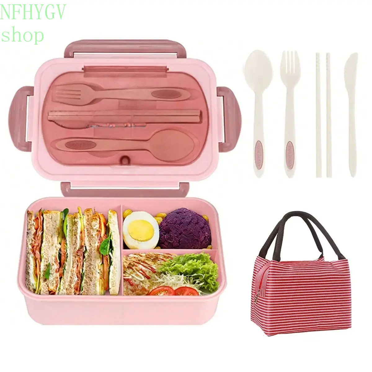 Stylish Durable Reusable Plastic Lunch Box With 1200ml Capacity, Microwave-Safe Meal Prep Container Built With A Convenient Handle, Complete With A Carry Bag And 4-Piece Cutlery Set For Office Daily Use And Travel Trips