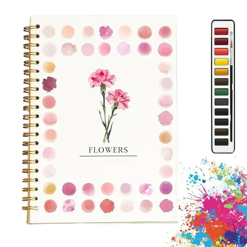 Beginner Watercolor Practice Book, 12 Colors & Brushes, 8 Floral Scenarios, Perfect for Artists, Essential Drawing Tools, Art Craft Kits