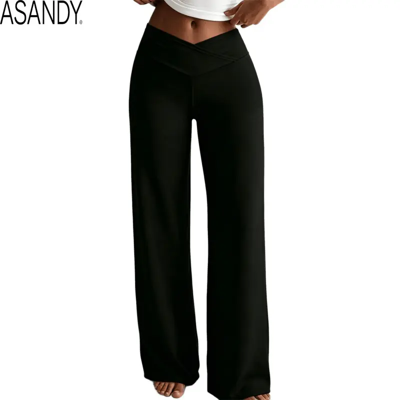 ASANDY Women's High Waist Crossover V-Waist Plain Comfy Loose Fit Opaque Fabric Athletic Flared Wide Leg Pants - Stretch Spandex Jersey Bottoms, 2026 New All-Season Casual Wear for Yoga, Outdoors, Activewear, Everyday