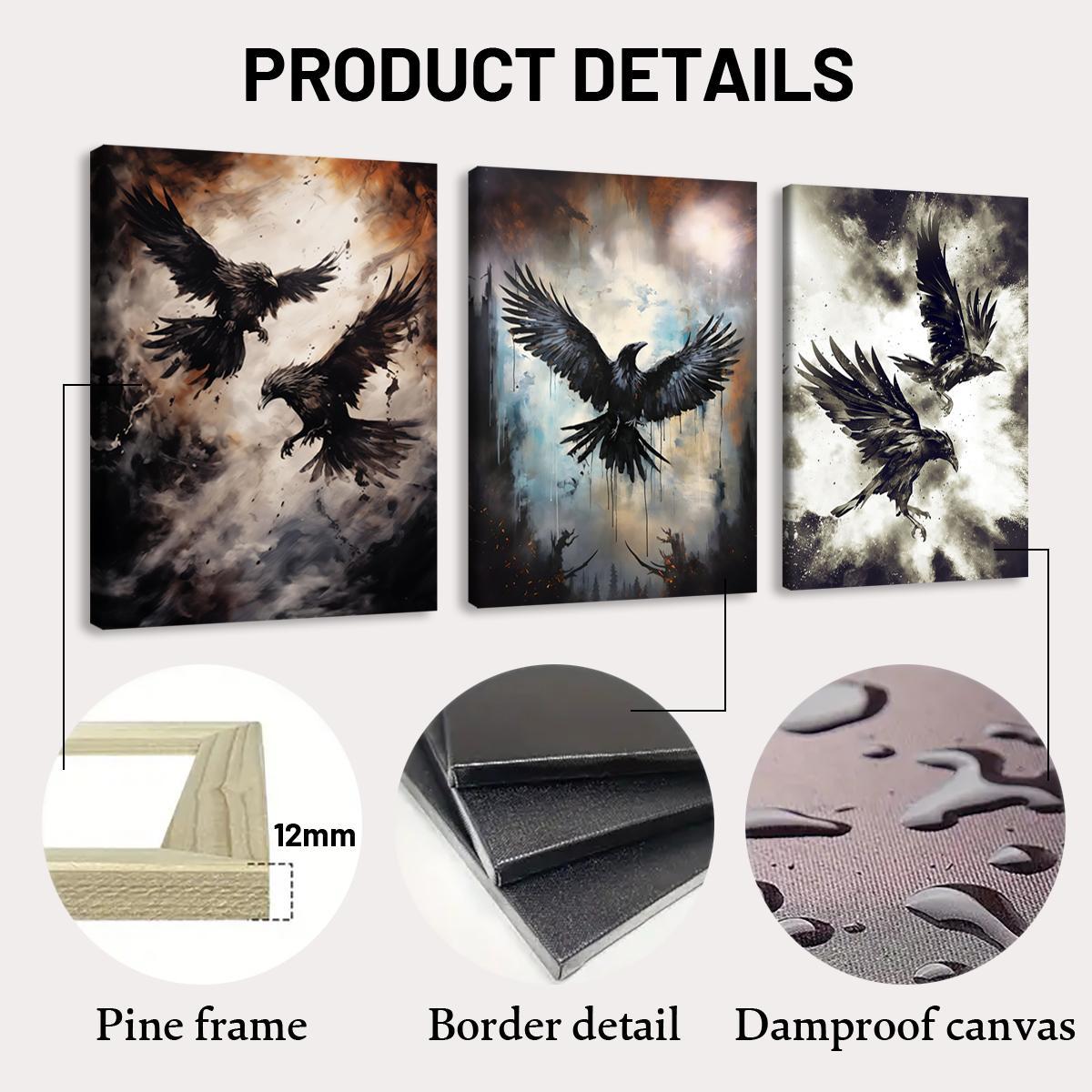 Creepy Crow Pattern Wooden Framed Canvas Painting Modern Art Design, 3 Counts/set Halloween Murals, Wall Art Decor for Home Living Room Bedroom Office