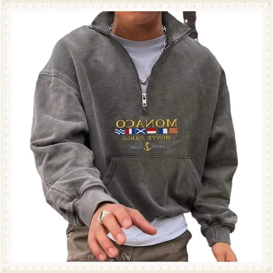 New Men's Monaco Yacht Club Sweatshirt-Casual V-neck Pullover with / Zipper, Long Sleeve, Polyester, Machine Washable, Navy Blue, with Flag Print Hoodie Black Menswear Collar Loose Tops Fabric No.