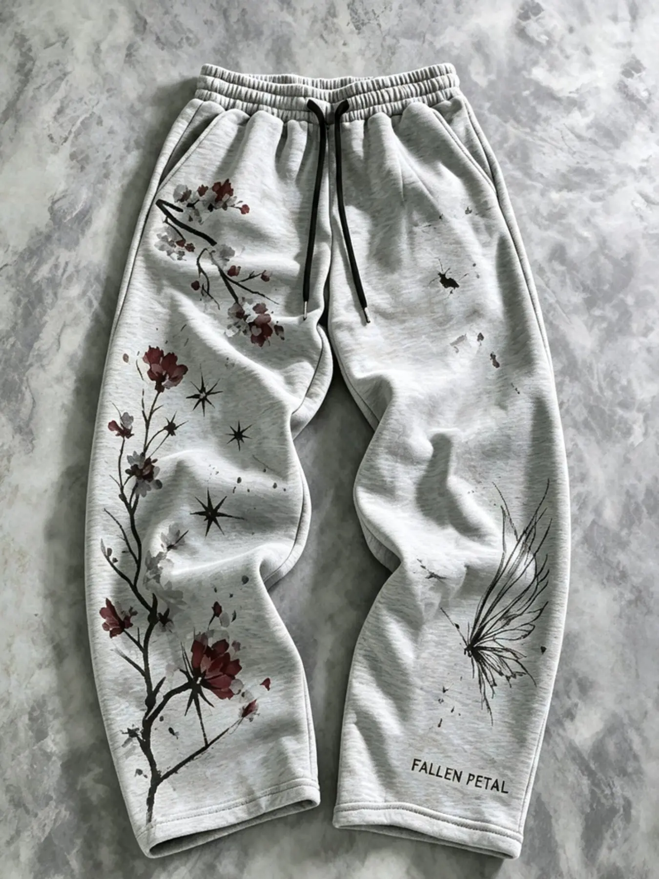 Plum Blossom Ink Print Wide Leg Sweatpants, Relaxed Fit High-Waist Drawstring Pants, Unisex Casual Fall Trousers