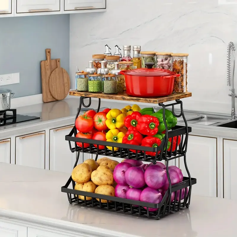 1 Pack 3-Tier Fruit Vegetable Storage Cart, Wire Baskets for Potatoes & Onions, Black Kitchen Organizer Rack, Kitchen Standing Rack