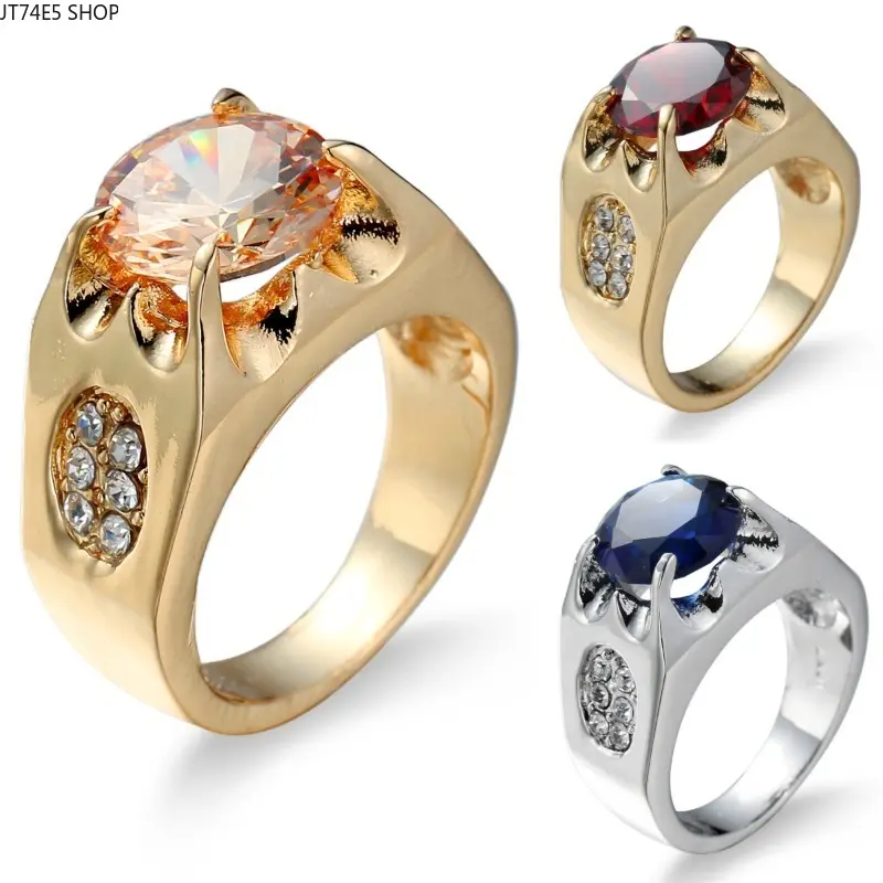 Retro Gold Plated Ring with Champagne and Blue Zircon, 2-Tone Statement Cocktail Jewelry for Women, Cast Iron, Champagne Blue Zircon, Dual Gem Tone, Metal Plated Gold, Women's Fashion, Two-Tone