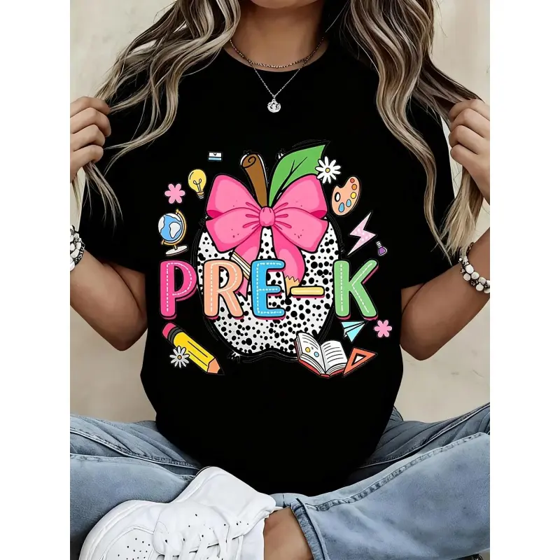 Pre K Teacher T Shirt Black Apple With Pink Bow And School Supplies Print For Preschool Teachers And Students