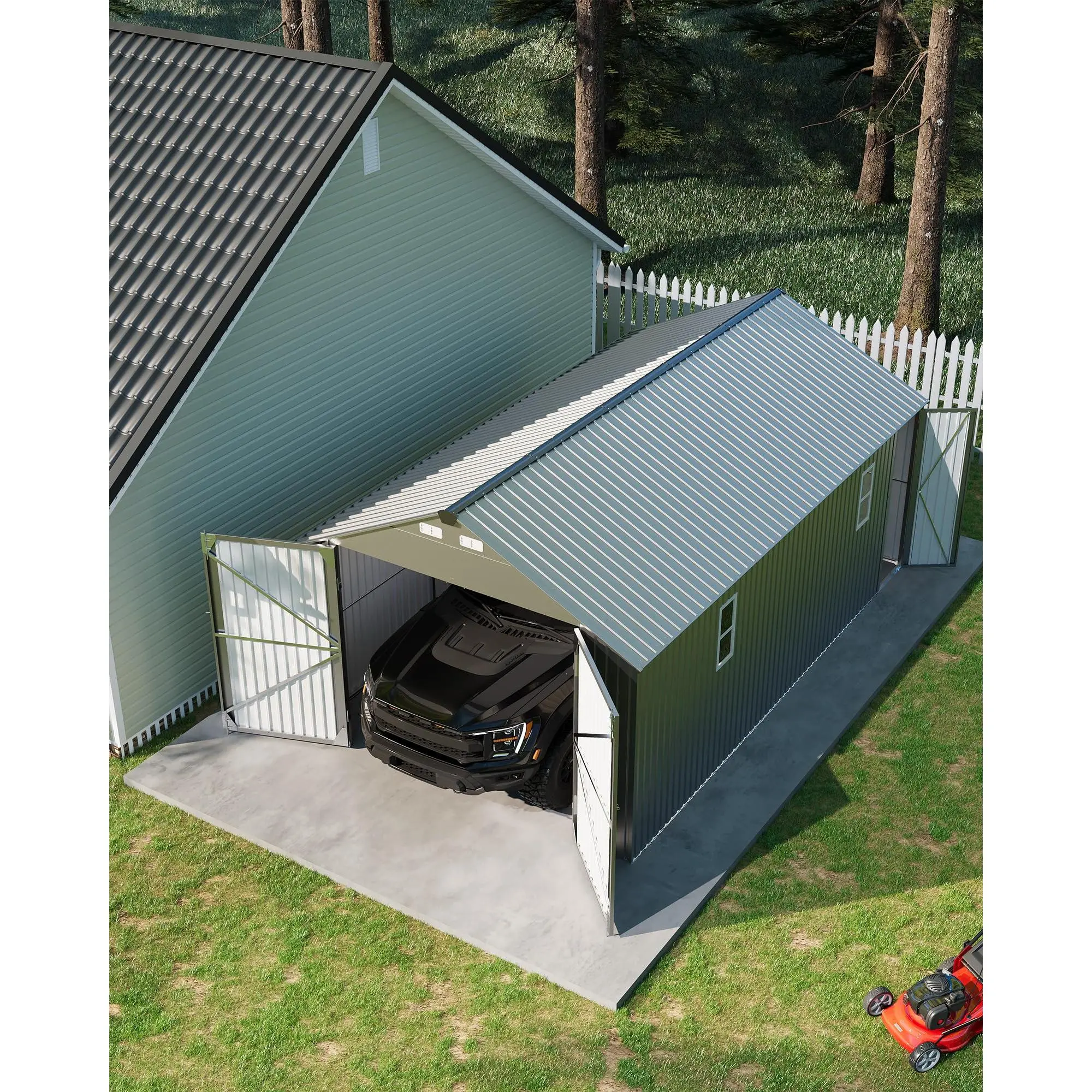 12x20ft Metal Enclosed Garage Shed, Heavy-Duty Steel Storage Building, Double Hinged Doors & 4 Windows, All-Weather Protection, Gray Finish