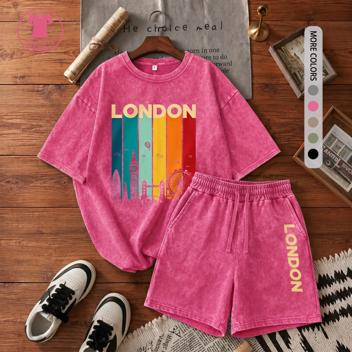 Women’s 100% Cotton Washed 2 Piece Shorts Set, London Graphic Crew Neck Short Sleeve T Shirt and Drawstring Shorts, Soft Breathable Casual Summer Lounge Outfit