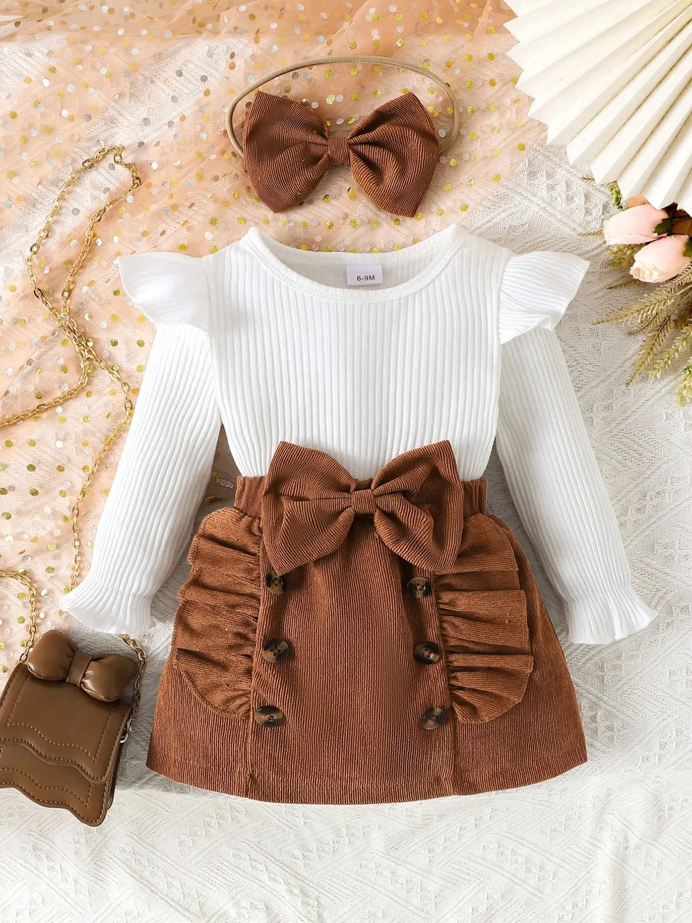 Baby Girl Spring Fall Three-Piece Set, Outfits, Plain Long Sleeve Top + Bow Skirt, Casual Loose-Fitting Suit, Natural Waist, with Button