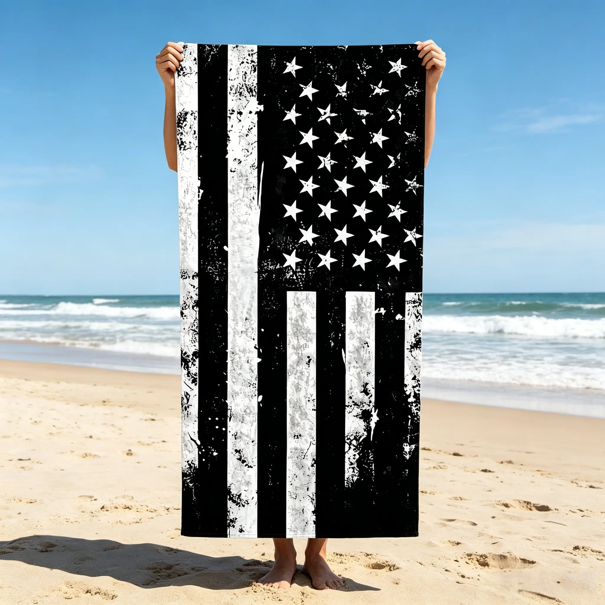 American Flag Beach Towel, Black White Stars Stripes Patriotic Us Pride Design, Elastane Microfiber Blend, Quick-Dry for Beach & Pool Use