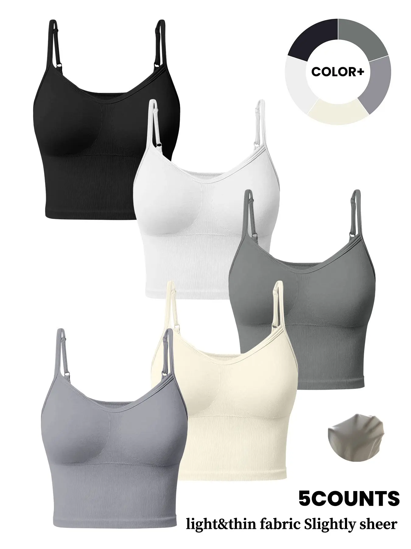 5 Pack Women Ribbed Seamless Workout Crop Tank Tops Adjustable Spaghetti Strap Compression Cami for Yoga Fitness Daily Layering Ribbed Activewear