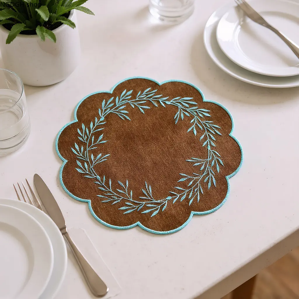 Cotton Base Placemat with Leaf Wreath Embroidery and Scalloped Edge, 1-Piece Dining Table Decor, Multiple Colors, One-Piece, Scalloped Shape