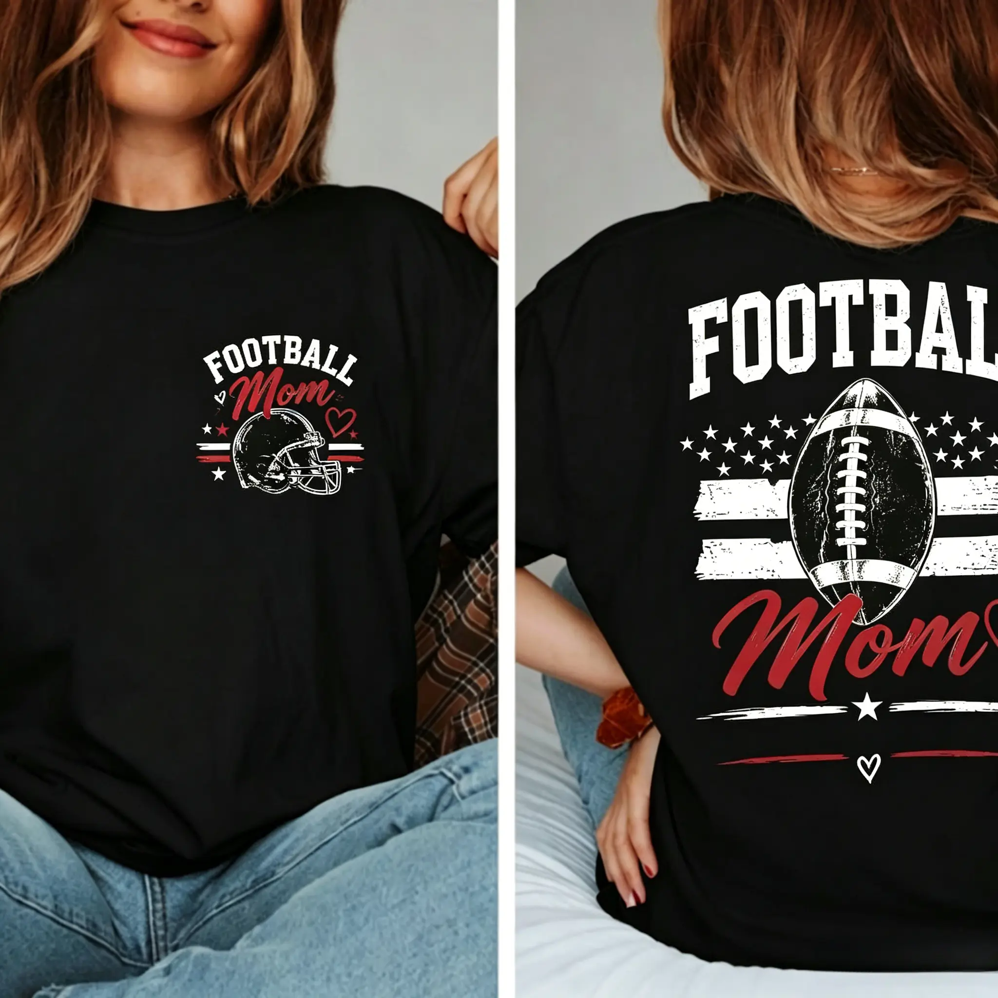 Football Mom Two Sides T-Shirt, Vintage American Flag Football Helmet Graphic Tee, Game Day Football Mama Women Casual Short Sleeve Top