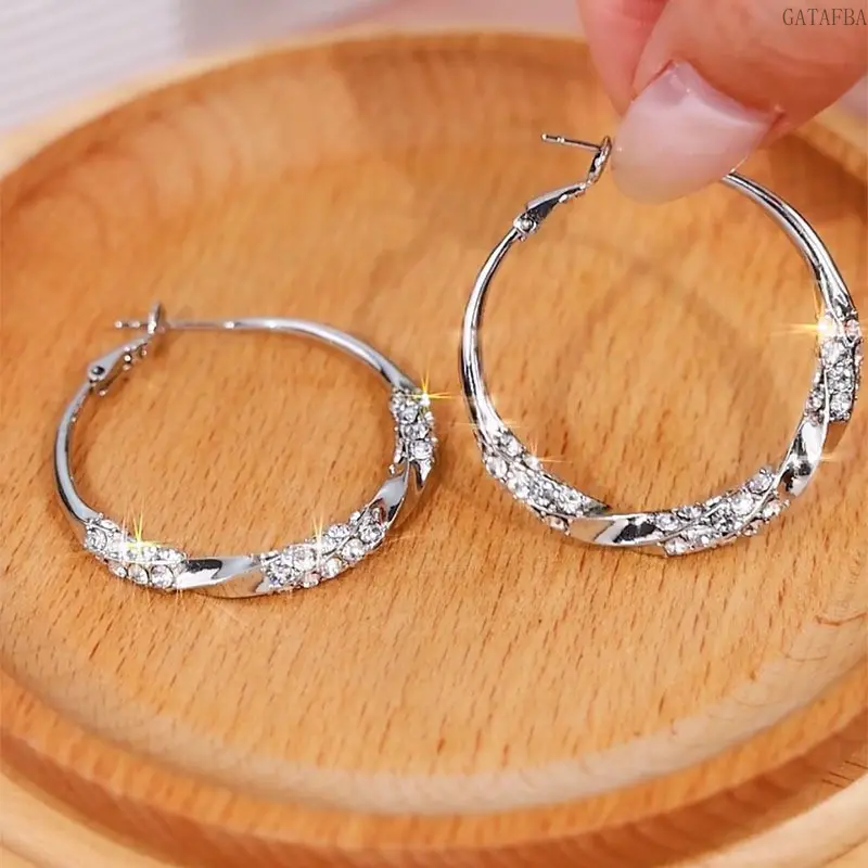 Women's Silver Rhinestone Round Hoop Huggie Earrings, Elegant Luxurious Party Wear Ear Jewelry for Daily Sports & Outdoor Dress Pairing