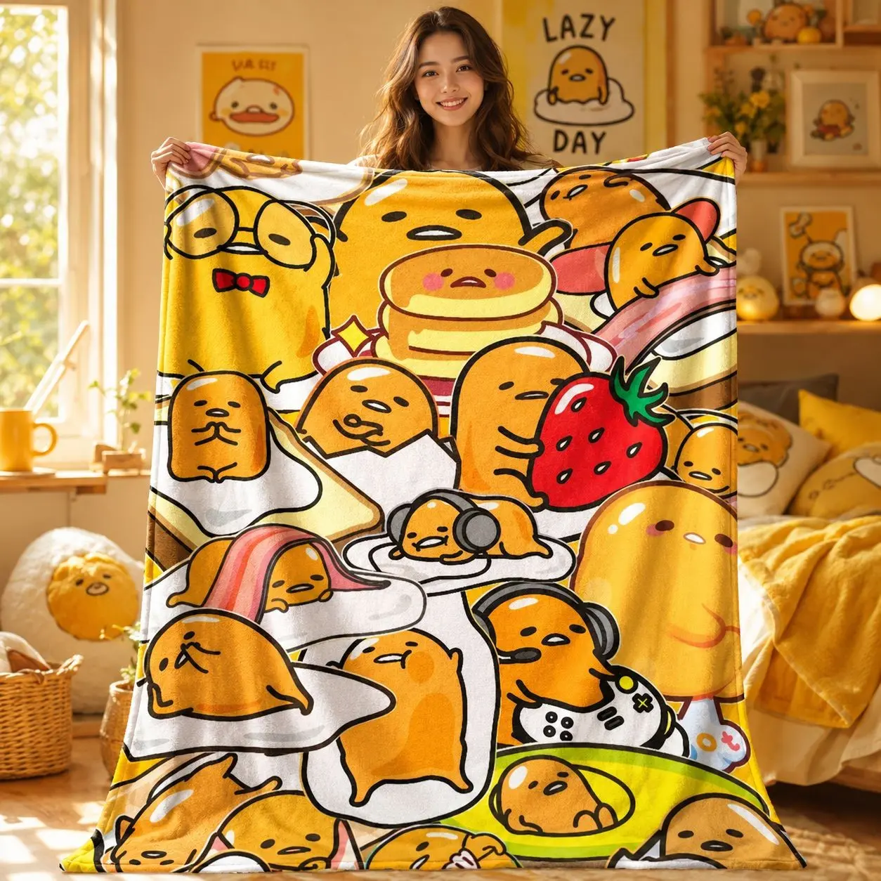 1pc Gudetama Lazy Egg Cartoon All Over Print Fleece Blanket, Cute Yolk Character Food Stack Graffiti Print, Soft Healing Japanese Cartoon Style. Soft Multi-use Throw for Sofa, Bed, Office, Camping, Ideal for Cartoon Lovers Gifts.