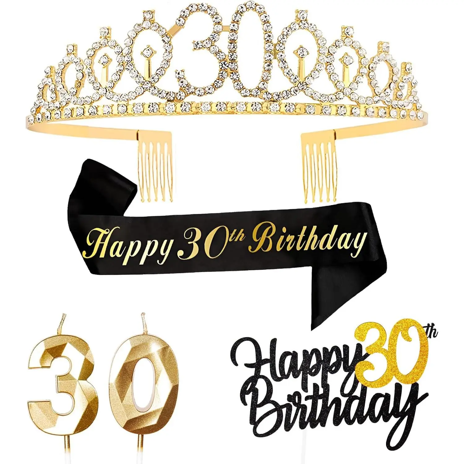 30th Birthday Gifts Decorations for Women,Including 30 Year Old Black  Birthday Cake Topper,40th Birthday Tiara Crown/Sash,30th  Birthday Candle for 30 Year Old Women Party Supplies Decor