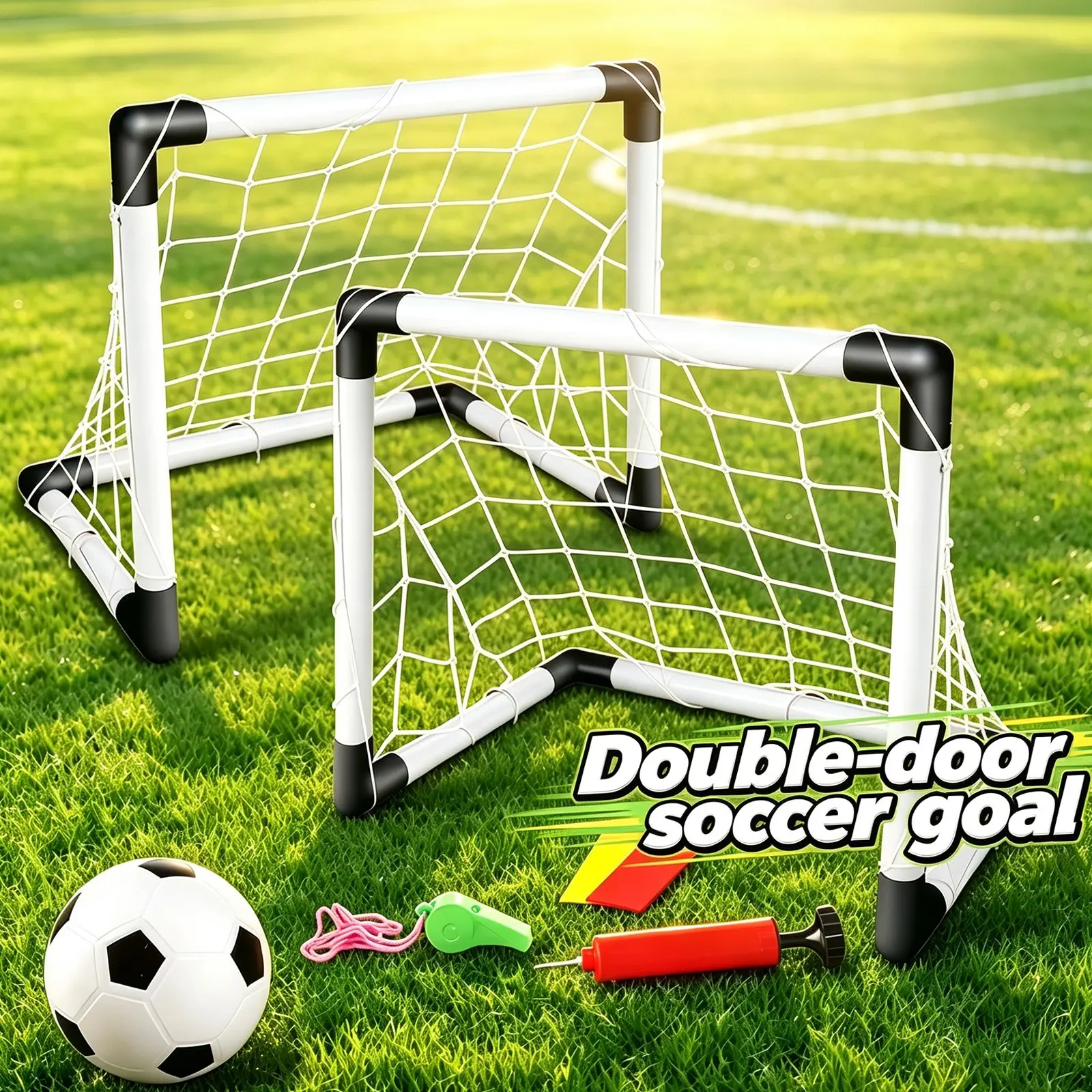 Outdoor and Indoor Plastic Football Goal Set, Portable Disassembly DIY Sports Football Frame Toy, with 2 soccer goals, a soccer ball, and a pump, Boys' soccer, Holiday Gift, Whistle random color, Soccer equipment