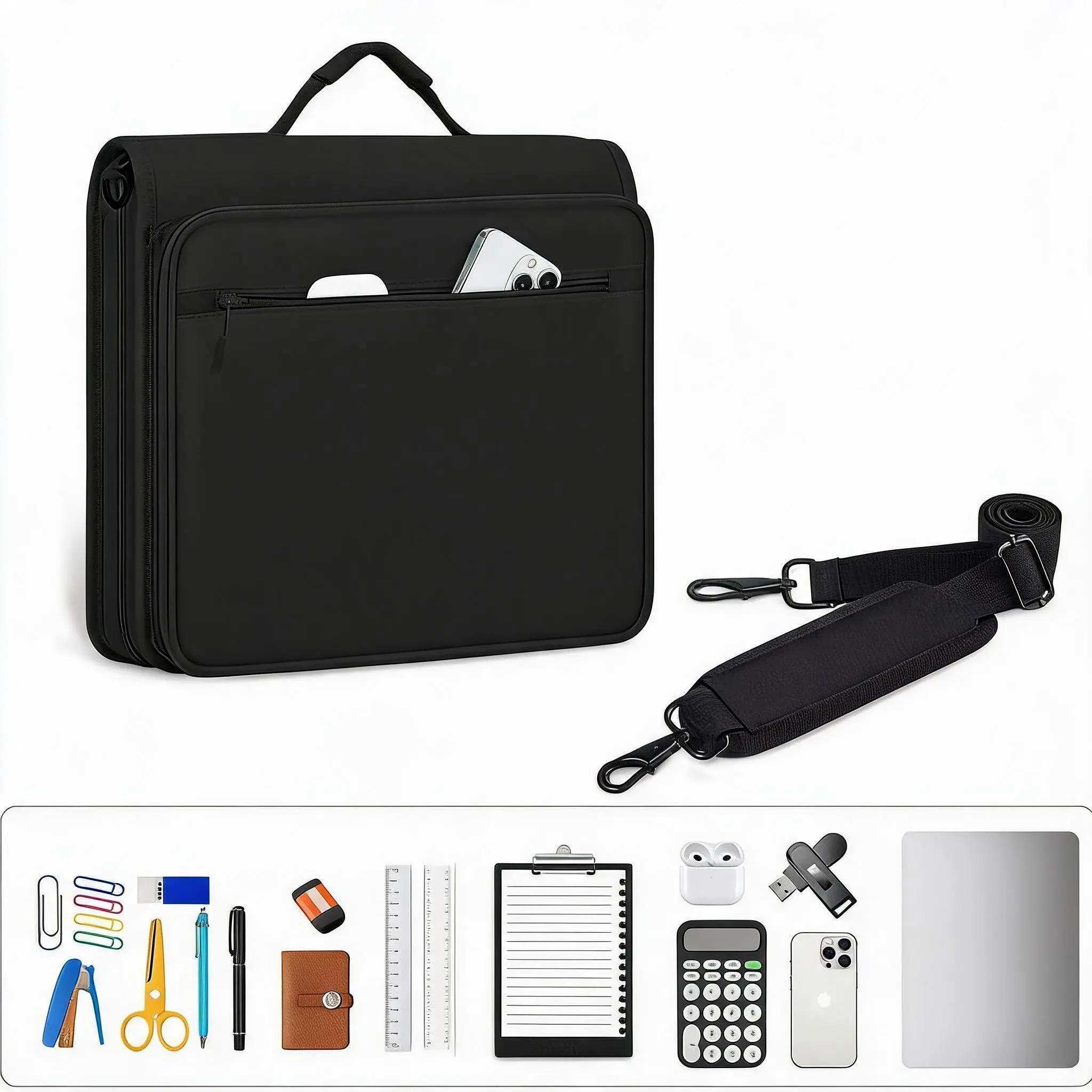 Oxford Fabric 3-Ring Zipper Binder with Large Capacity, Expandable Accordion File Organizer, 5-Segment Divider, Handle & Shoulder Strap for Document Storage, School/Work Use