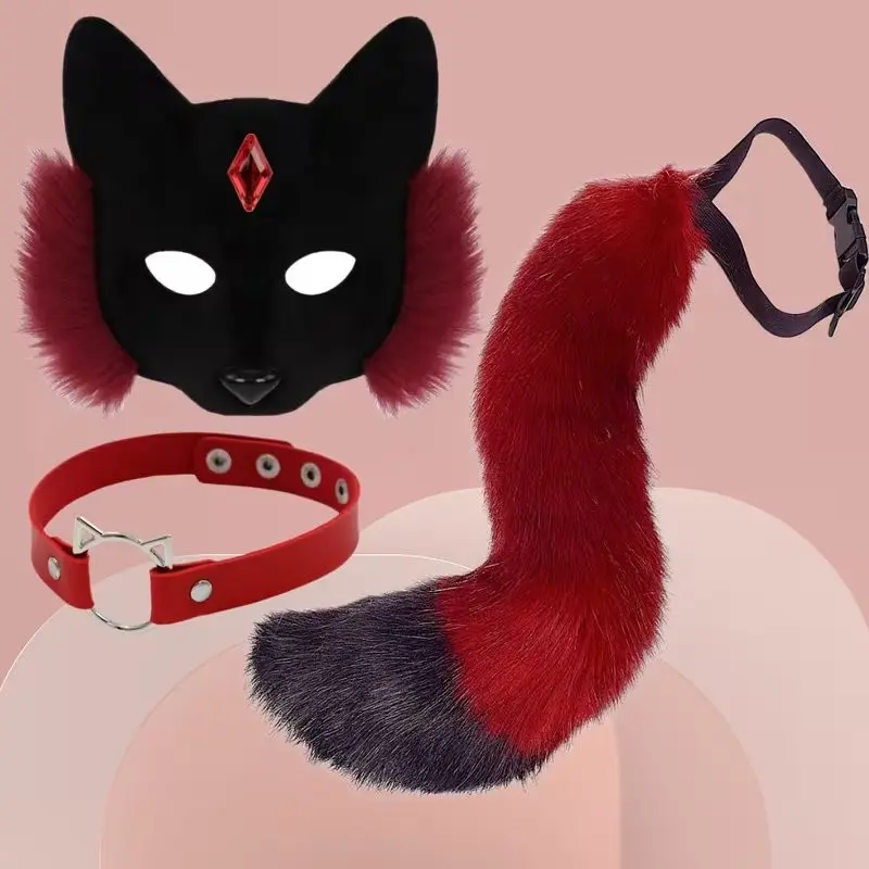 Fox Mask 3-Piece Set, Halloween Party Role Play Costume Accessories, Realistic Fur Fox Tail, Mask, and Collar for Cosplay Events