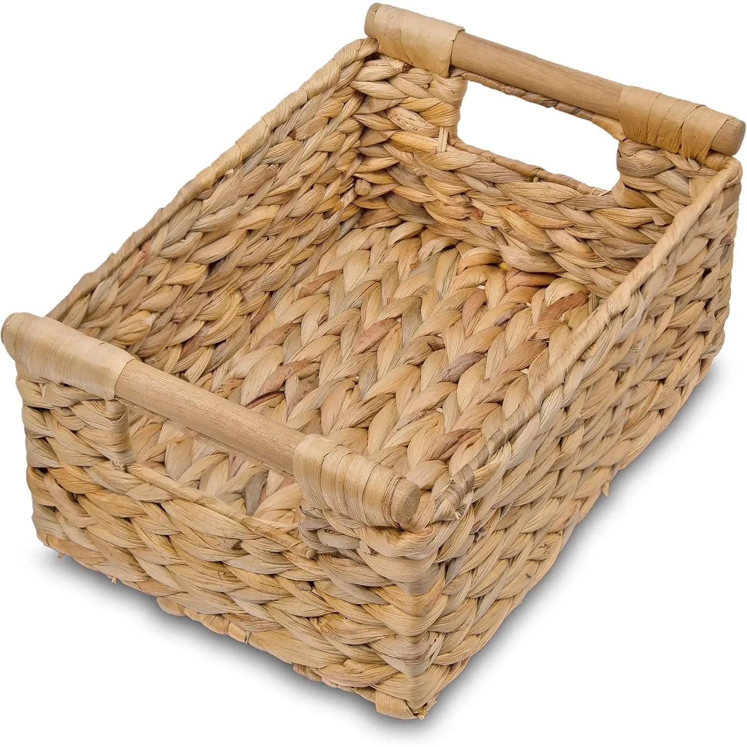 Nature-Inspired Rectangular Hyacinth Small Wicker Organiser Basket (11.6x8.1x4.9in) - Pet Supplies, Wooden Handle, Vanity Room Toilet Storage, Ideal Gift