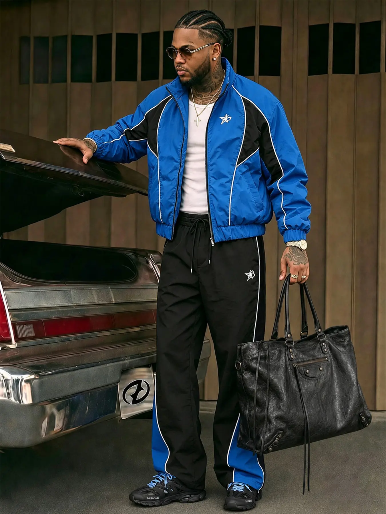 Men's Vintage Sportswear Set, Stand Collar Jacket and Pants, Blue Plaid, Fall Street Style, Fitness, Loose Fit, and Blue