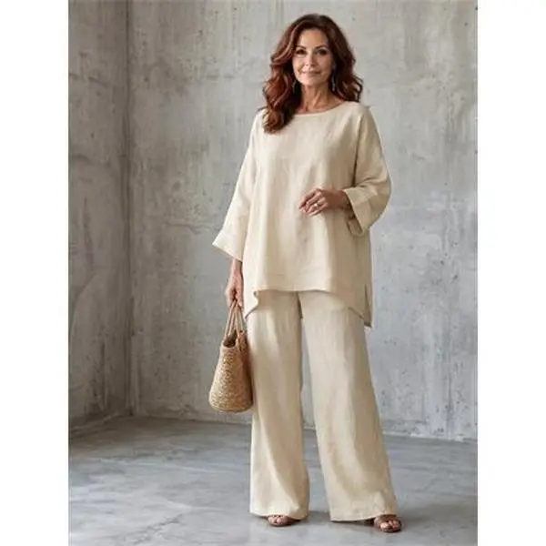 Women’s Linen Blend Crew Neck Shirt and Wide Leg Pants Set, Minimalist Casual Loose Fit Two Piece Outfit, Lightweight Breathable Matching Set for Daily Wear, Travel, Vacation, Weekend and Stylish Summer Fashion