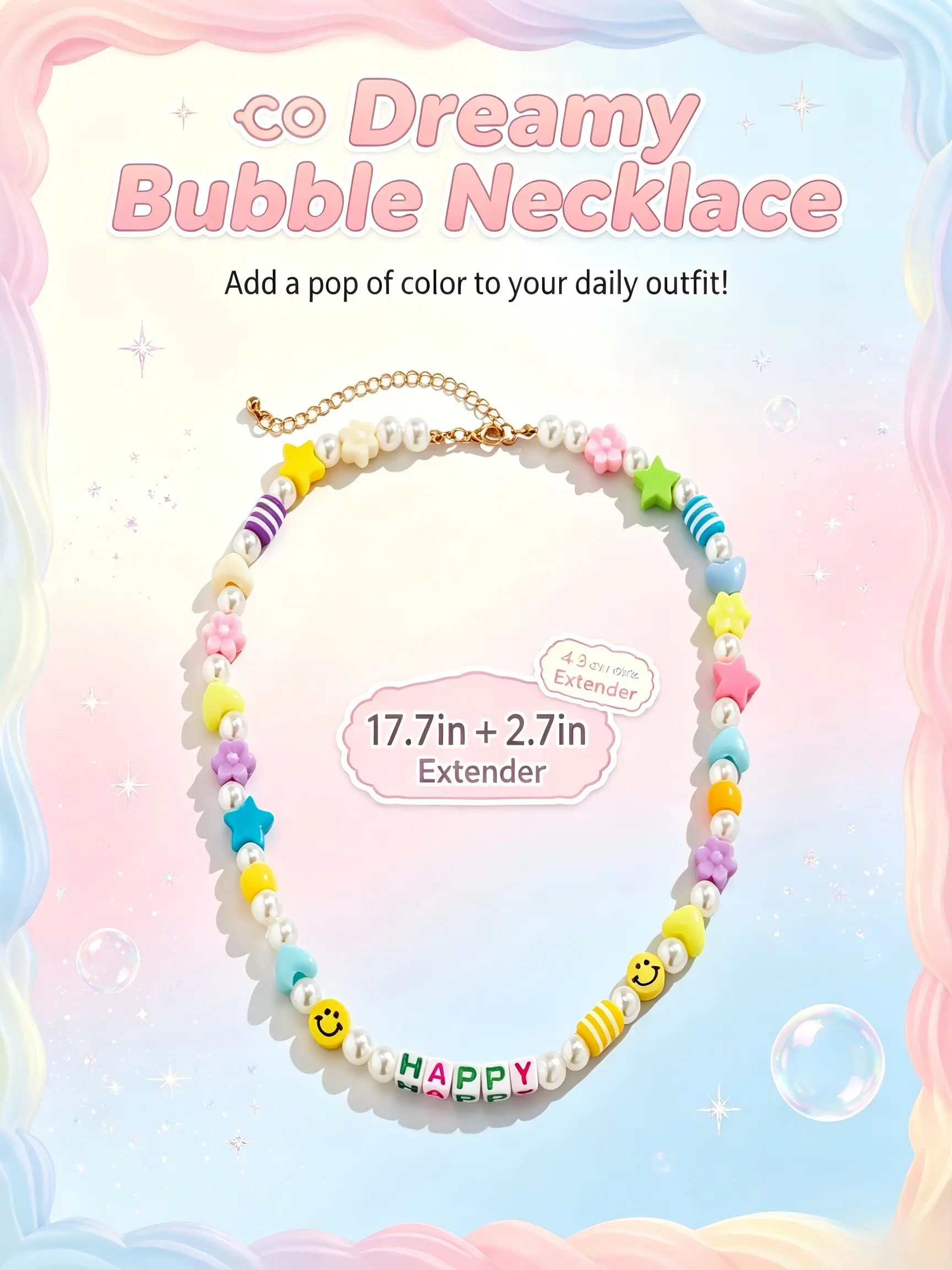 Cute Y2K Colorful Beaded Choker, Happy Letter Smiley Face Pearl Star Heart Bead Necklace, Preppy Aesthetic Jewelry, Back to School Gift