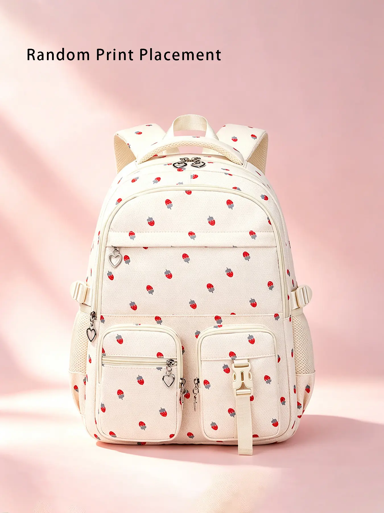 1pc Big Size Cute Fruit Print School Backpack, Minimal Cream Base Strawberry Motif Durable Nylon Daypack with Heart Charm Zippers & Adjustable Chest Strap, Multi Storage Pocket Casual Bag for Daily Campus Life
